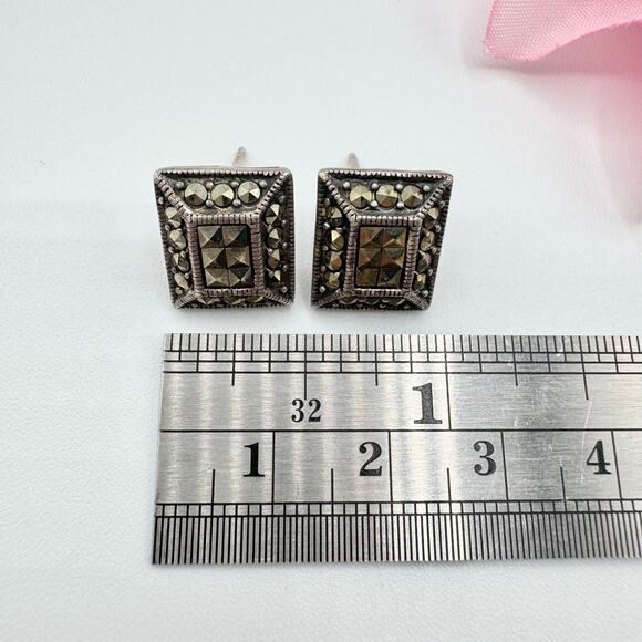 Marcasite Rhinestone 925 Silver Art Deco Revival Rectangle Earrings Tested - Picture 13 of 15